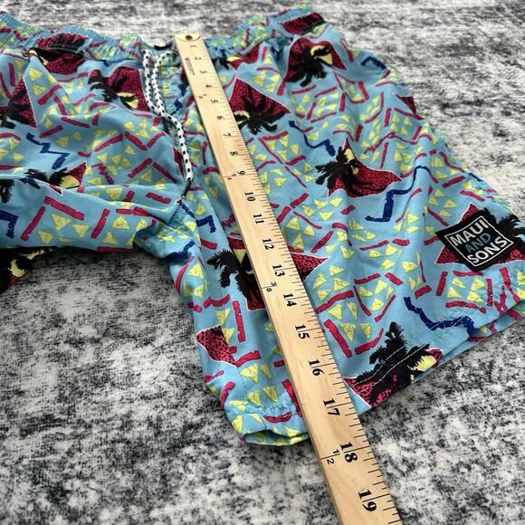 Maui and Sons Mens Swim Trunks Shorts Palm Tree Print 80s Retro Size Large Blue - Picture 4 of 10
